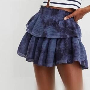 Aerie Tiered Ruffle Cotton Smocked Waist Tie Dye Mini Skirt Blue Small